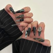 Wujasmine Press on nails 404Gothic Black Green Nail Set