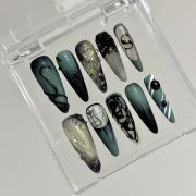 Wujasmine Press on nails 404Gothic Black Green Nail Set