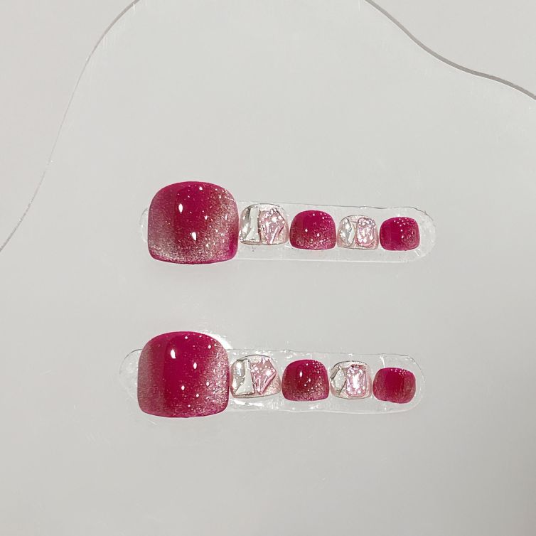 Wujasmine Press on nails Pure handmade original wearable nails with rhinestones and sequins on toenails, fair-skinned and fairy-like toenail art in summer, new style