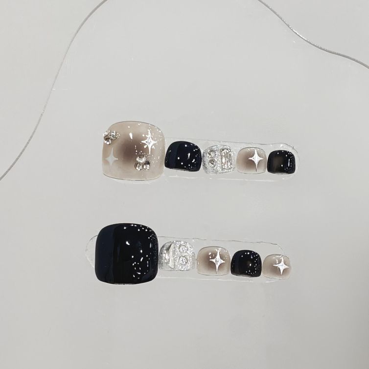 Wujasmine Press on nails Pure handmade wearable nail black foot nail patches, detachable, diamond-studded nail art finished product with a high-end feel