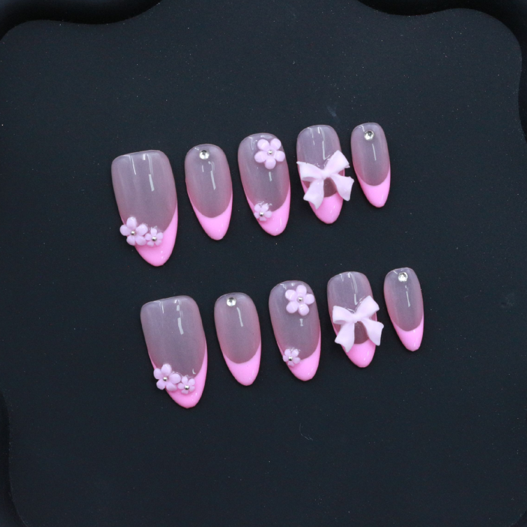 Dlxnails  Press on nails- French classic bow pink almond shape